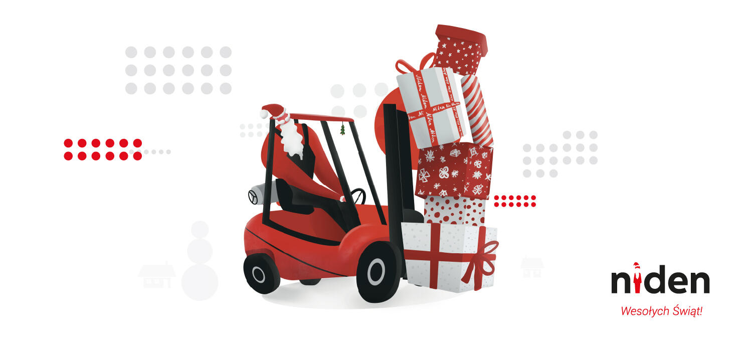 niden ilustracja grafika kartka świąteczna mikołaj na wózku widłowym